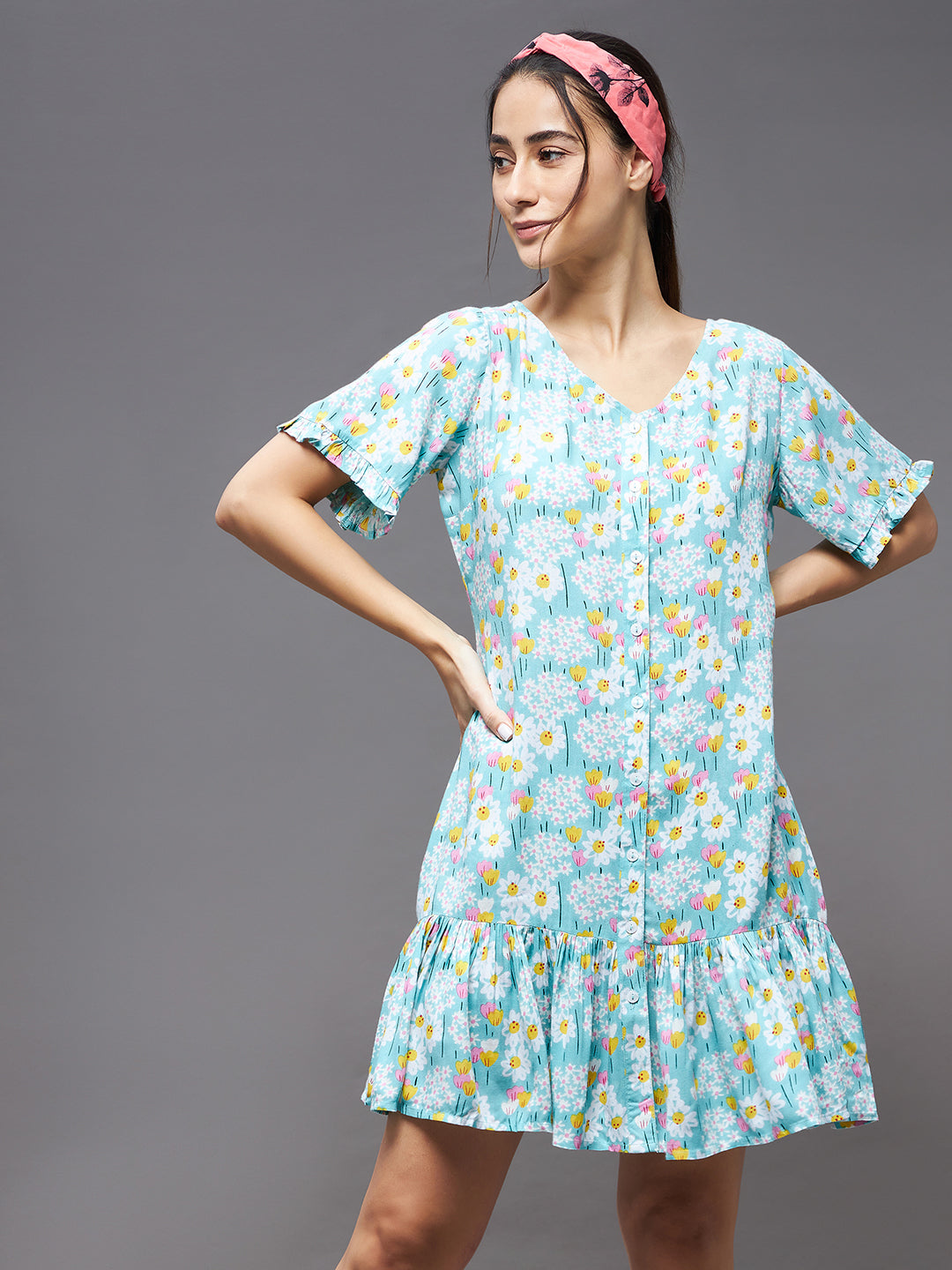 Women's Light Blue V Neck Short Sleeve Solid Ruffled Hem Knee-Long Shift Dress