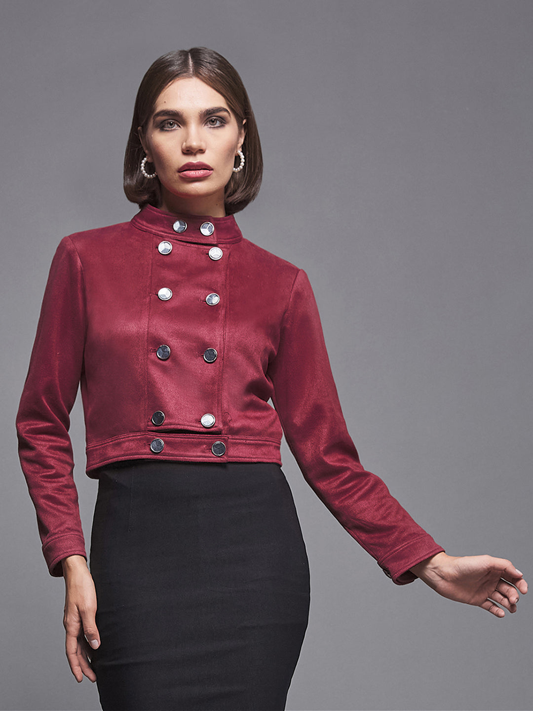 Women's Dark Red Mandarin Collar Full-Sleeve Solid Double Breasted Cropped Polyester Jacket