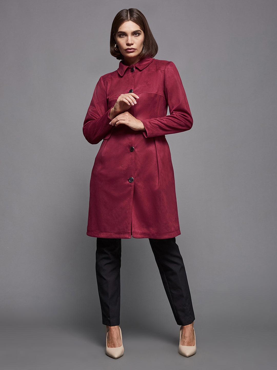 Women's Dark Red Shirt Collar Full-Sleeve Solid Knee-Long Winter Jacket