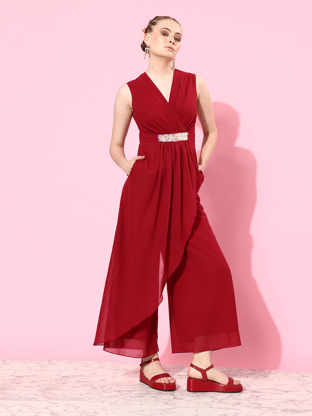 Maroon Georgette jumpsuit — Miss Chase