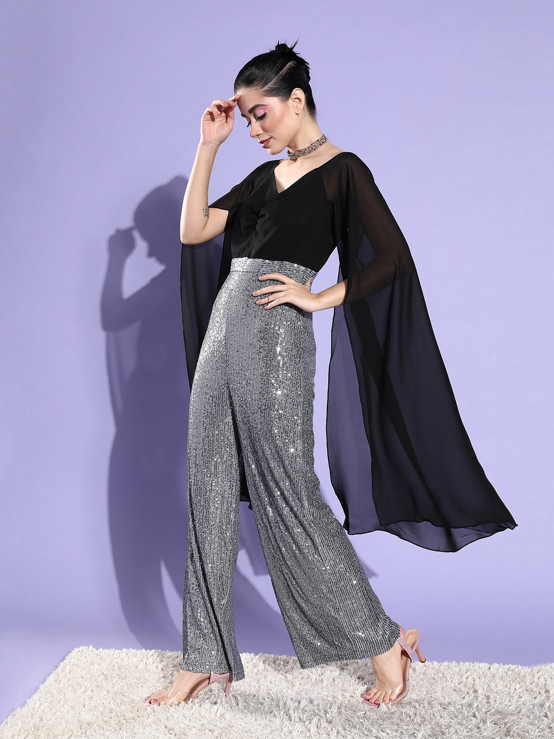 Women's Black & Silver Sweetheart Neck Full Sleeve Embellished Ruching Regular-Length Polyester Jumpsuit